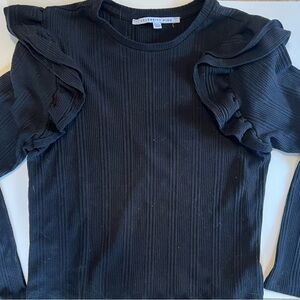 Celebrity Pink Black Ribbed Long-Sleeve Top with Ruffle Shoulders